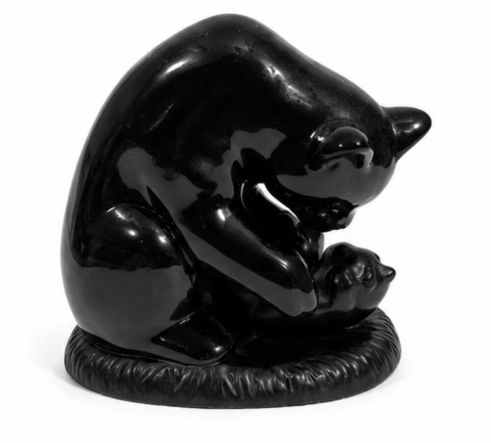 Black Cat & Kitten Ceramic Figurine Glossy Vintage Style Home Decor Statue 6”
